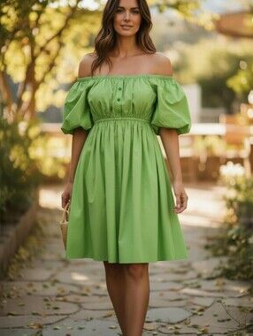 Camila Coelho Green Puff Sleeve Mini Dress Womens XS Cottagecore Babydoll